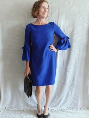 Eliza J Cobalt Blue Bell Sleeve Sheath Cocktail Dress Bow Tie Cuffs Size 6 EUC
